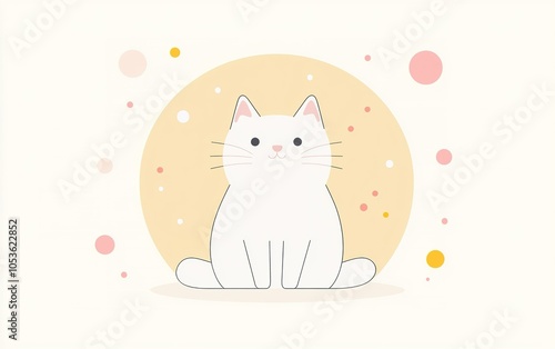 Cute white cat sitting calmly on a light background with colorful dots and a soft circle, evoking a serene atmosphere in a playful style