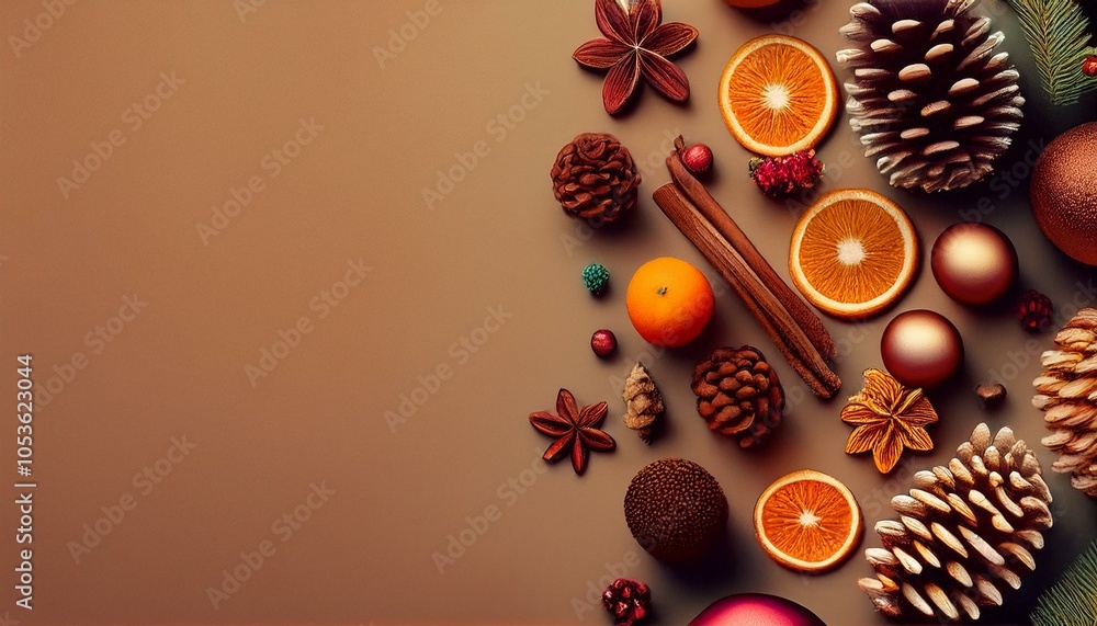 Fototapeta premium A flat lay featuring holiday elements such as pinecones, cinnamon sticks, dried orange slices, and ornaments arranged beautifully against a rustic backdrop, capturing the festive spirit.