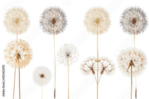 A collection of dandelions arranged on a white surface, perfect for floral designs and spring-themed projects