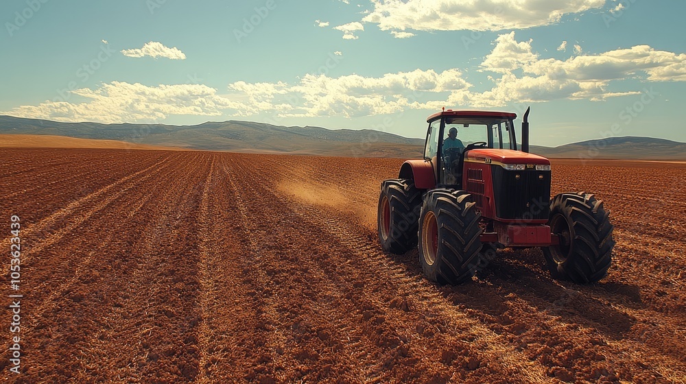 Fototapeta premium Red Tractor Plowing a Field with a Blue Sky and White Clouds