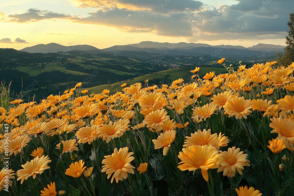 Fototapeta premium A field of bright yellow flowers with mountains in the background, great for nature, travel, or landscape themes
