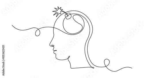 Head with bomb in one continuous line drawing. Explosive blow-up brain and burnout concept in simple linear style. Angry symbol in editable stroke. Doodle vector illustration