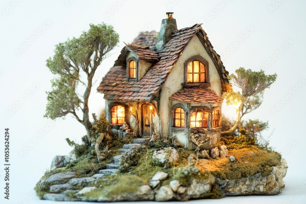 Fototapeta premium A small island with a miniature model of a house, perfect for use in illustrations, designs and concepts
