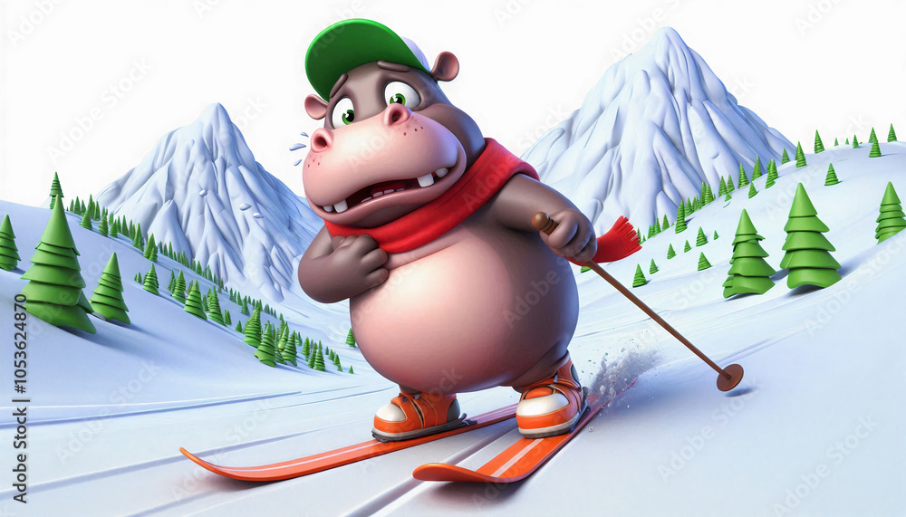 A cartoon hippo nervously skiing down a snowy mountain