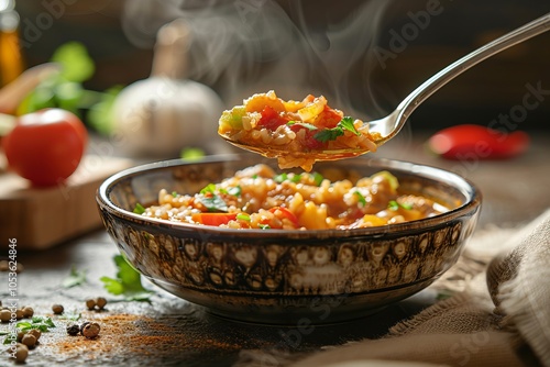 A detailed shot of a spoon lifting a bite of ajapsandali from a bowl.Georgian cuisine meal.Ajapsandali.Ajapsandal vegetables stew.Georgian national dish. photo