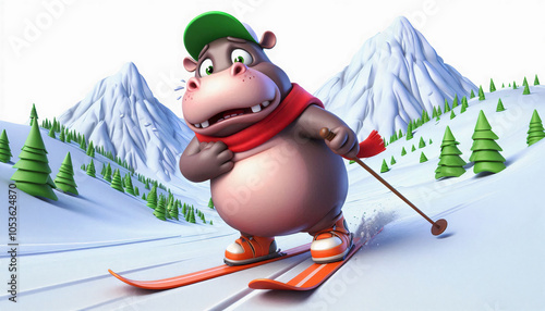 Obraz na płótnie A cartoon hippo nervously skiing down a snowy mountain w salonie