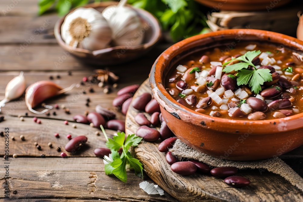 A rustic scene with a large bowl of homemade lobio, surrounded by fresh ingredients.Georgian national dish.Georgian cuisine meal.Lobio.Bean lobio. A rustic scene with a large bowl of homemade lobio, surrounded by fresh ingredients.Georgian national dish.Georgian cuisine meal.Lobio.Bean lobio.