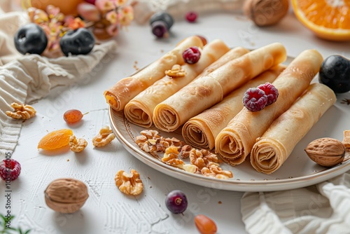 A close-up of a plate with rolled pieces of tklapi, set on a white cloth with fresh fruits and nuts scattered around.Tklapi.Georgian fruit leather.Dried mashed pulp.Fruit leather rolls. photo