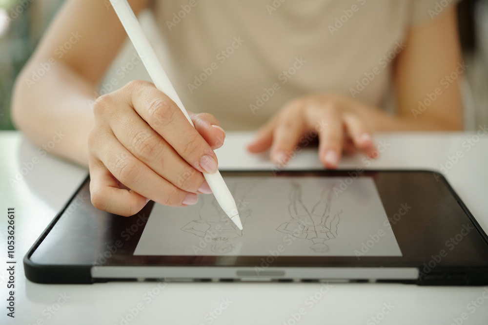 Hand of artist sketching on digital tablet with stylus, capturing fine details and precision in illustration. Surface reflects clean and clear workspace Hand of artist sketching on digital tablet with stylus, capturing fine details and precision in illustration. Surface reflects clean and clear workspace