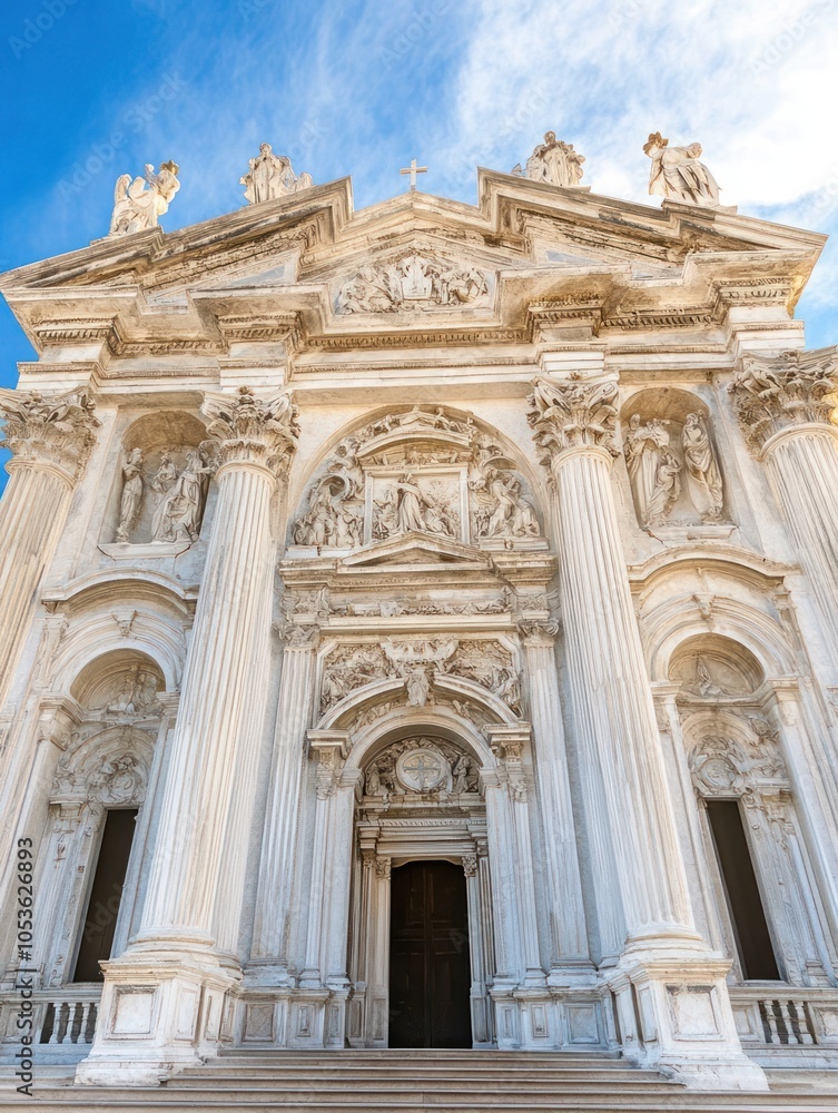 A grand architectural facade featuring intricate sculptures and columns under a blue sky. A grand architectural facade featuring intricate sculptures and columns under a blue sky.