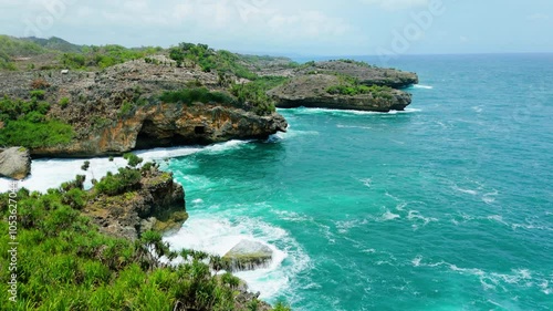 Aerial footage of beautiful beach scenery in Yogyakarta, Indonesia