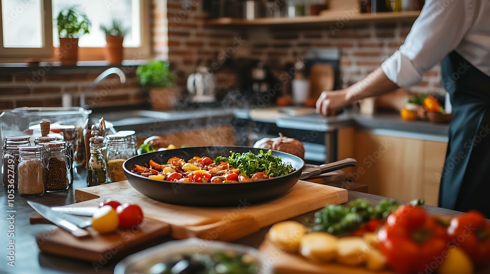A modern kitchen with an open layout, showcasing a gourmet meal being prepared by a chef, with smart appliances and fresh produce laid out on the counter A modern kitchen with an open layout, showcasing a gourmet meal being prepared by a chef, with smart appliances and fresh produce laid out on the counter