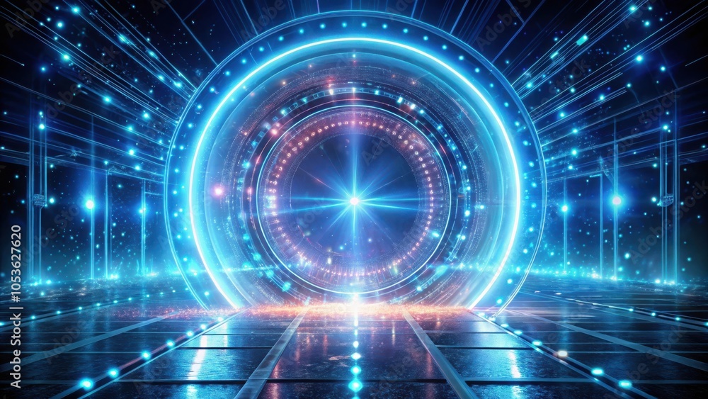 Fototapeta premium Futuristic holographic portal technology concept with glowing particles in sci fi setting