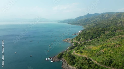 Deep Blue Pelabuhan Ratu Bay In Sukabumi Indonesia Drone Track Back Descend 4K 60FPS photo