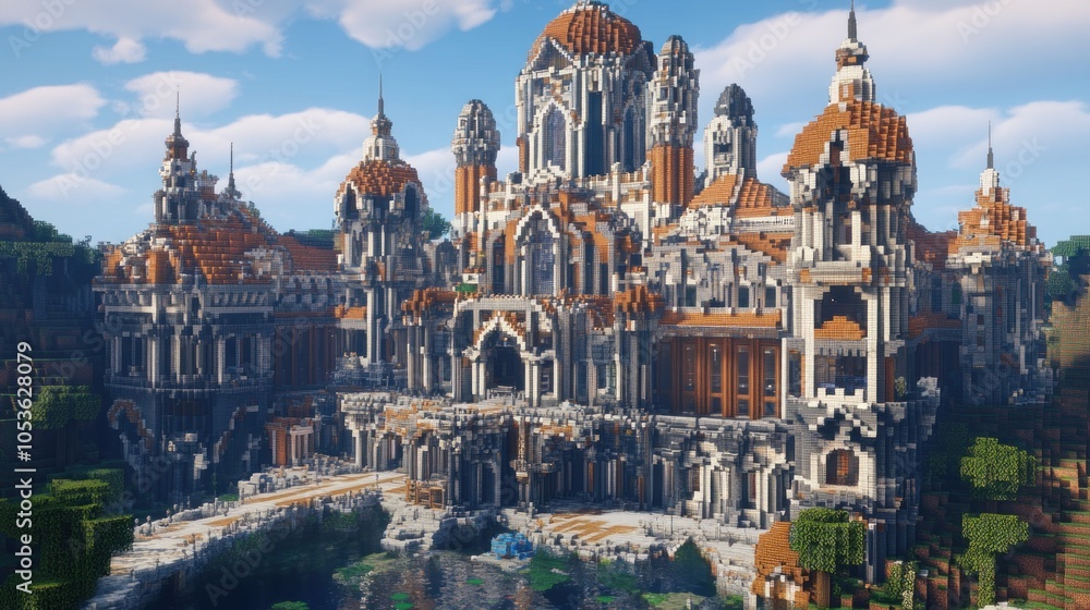 Fototapeta premium A stunning architectural structure featuring intricate designs and vibrant colors in a fantasy setting.