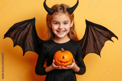 On a yellow background, an amazed teen girl holds a pumpkin and bat while wearing imp horns, a scene taken in November photo