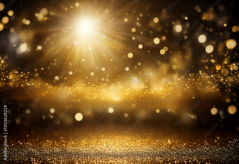 A glowing spotlight shines down on a dark background with sparkling golden particles and bokeh. A glowing spotlight shines down on a dark background with sparkling golden particles and bokeh.