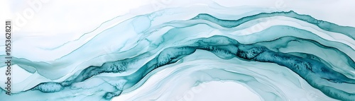 Abstract Teal and White Ink Swirls Forming Waves and Mountains
