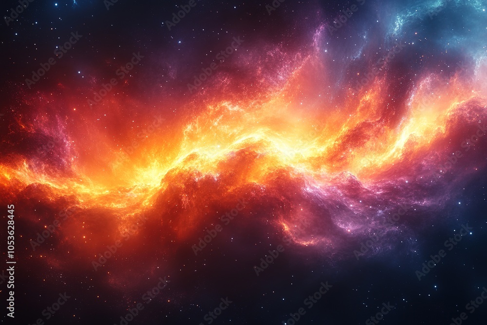 A fiery nebula in space, with swirling clouds of gas and dust, lit by distant stars. A fiery nebula in space, with swirling clouds of gas and dust, lit by distant stars.