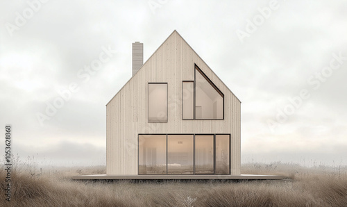 A modern two-story house with large windows and wooden cladding, situated in the middle of a grassy field, against a cloudy sky. This is an architectural rendering of a minimalistic design, featuring