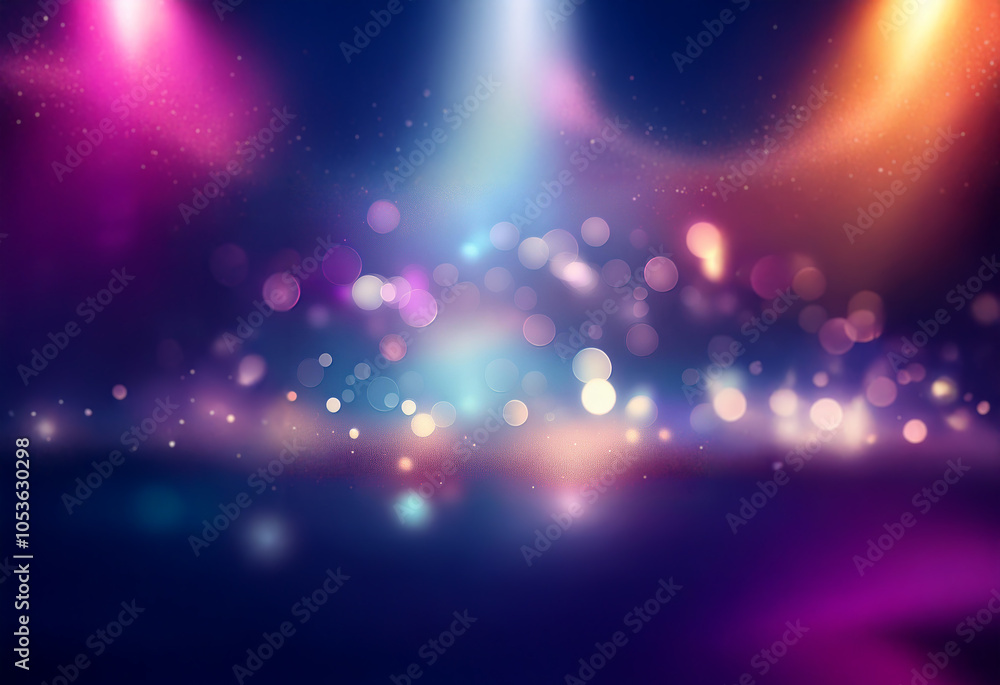 A dark blue background with three spotlights casting pink, white, and orange light on a blurred, reflective surface. A dark blue background with three spotlights casting pink, white, and orange light on a blurred, reflective surface.