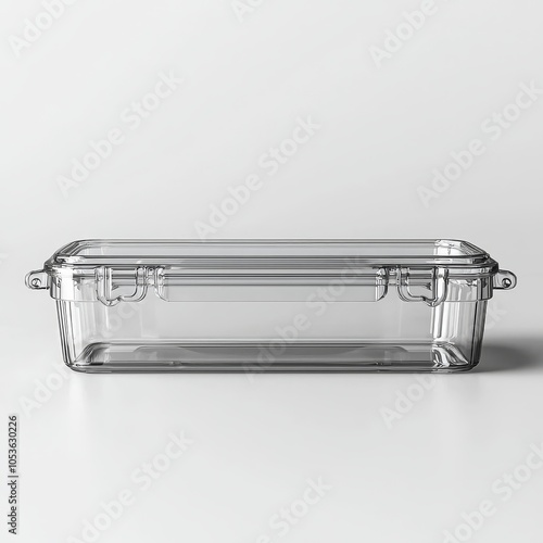 Transparent rectangular food storage container with airtight lid on white background photo