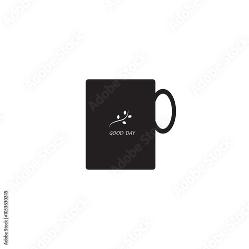 Minimalist black coffee cup with "Good Day" message and leaf design. Simple and modern mug for daily use, perfect for coffee or tea lovers, featuring positive affirmation and stylish design.