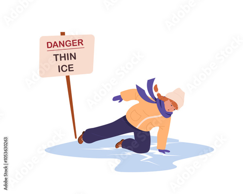 Dangerous thin ice. Girl falling on cracked ice. Kid broke into the ice in winter. Children in danger. Child afraid vector flat cartoon illustration isolated on white. Danger of drowning in ice-hole