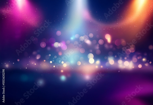 A dark blue background with three spotlights casting pink, white, and orange light on a blurred, reflective surface.