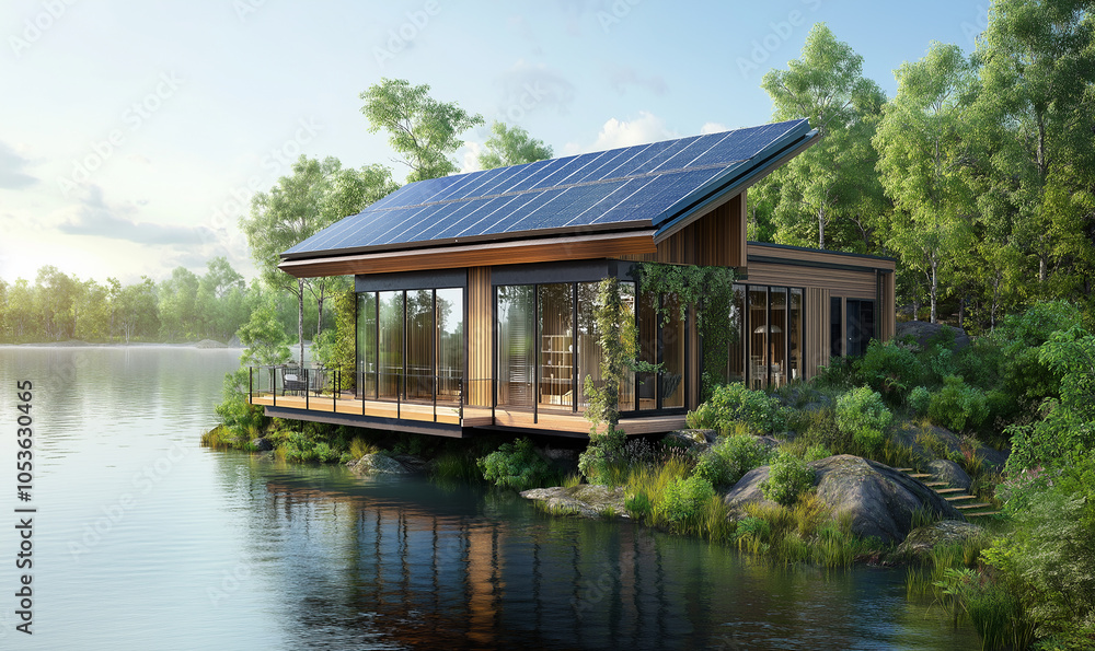 3D rendering of an eco-friendly house on the shore, with solar panels and greenery around it. The exterior is made from wood planks, while inside there's sleek furniture and modern decor 3D rendering of an eco-friendly house on the shore, with solar panels and greenery around it. The exterior is made from wood planks, while inside there's sleek furniture and modern decor