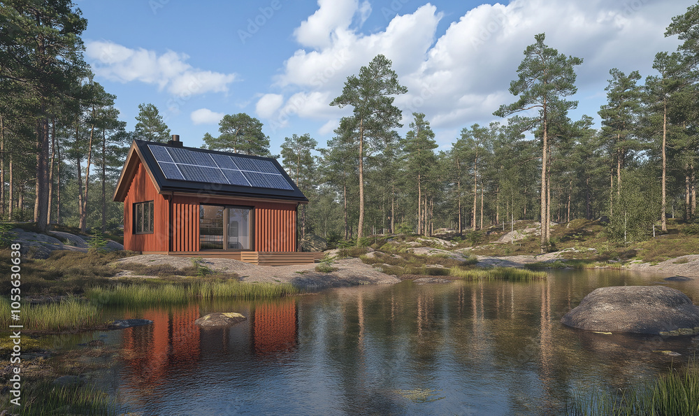 Obraz premium 3D rendering of an eco-friendly house on the shore, with solar panels and greenery around it. The exterior is made from wood planks, while inside there's sleek furniture and modern decor
