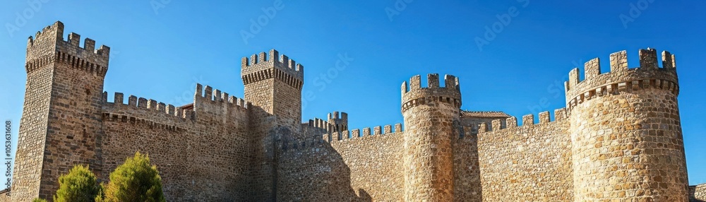 A medieval stone castle with towers under a clear blue sky. A medieval stone castle with towers under a clear blue sky.
