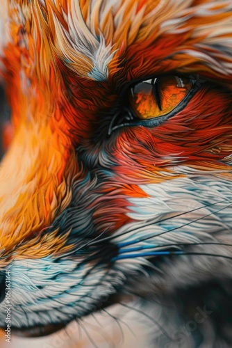 Close-up of a painted fox's face, realistic depiction photo