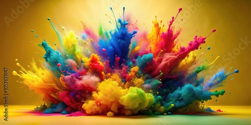Colorful Abstract Paint Explosion on Yellow Background with Various Vibrant Colors