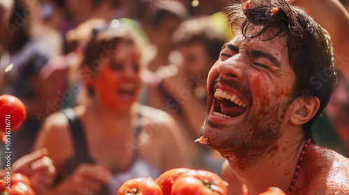 Man joyfully participating in the lively La Tomatina festival. photo