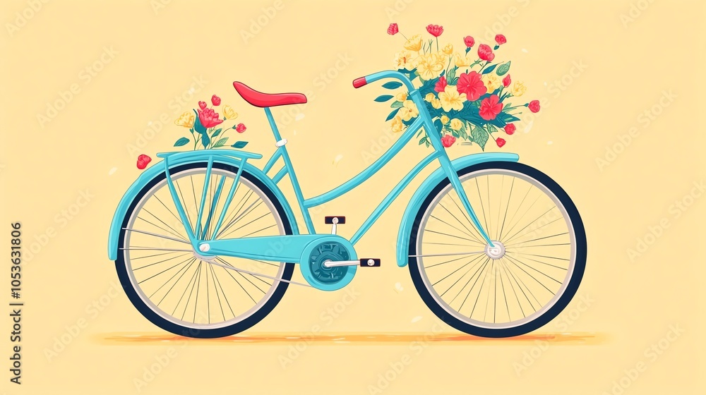 Fototapeta premium An illustration of a bicycle with flowers in the basket on a yellow background.
