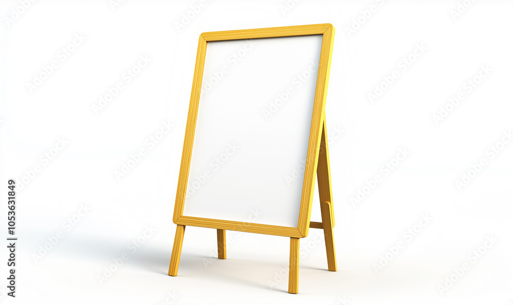 A blank white wooden menu board with golden edges and thin legs on the ground A blank white wooden menu board with golden edges and thin legs on the ground