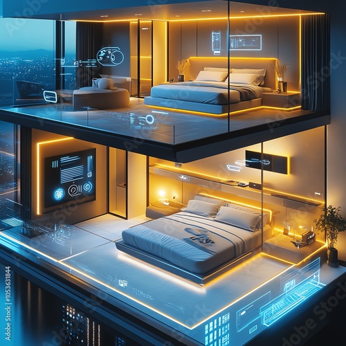 Luxury rooms, smart technology infographic, highend building design, clean digital layout photo