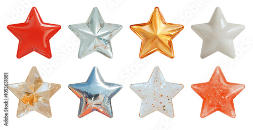 Set of 3D Realistic Star Ornaments for Party Celebrations in Metallic, Balloon, Marble, and Gemstone, Isolated on Transparent PNG Background