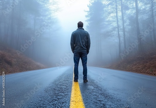 This is a dramatic, mystic image of a lone man walking into a foggy autumn landscape. photo