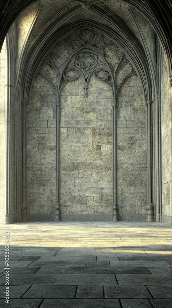 Fototapeta premium A gothic architectural interior featuring stone walls and arches with soft lighting.
