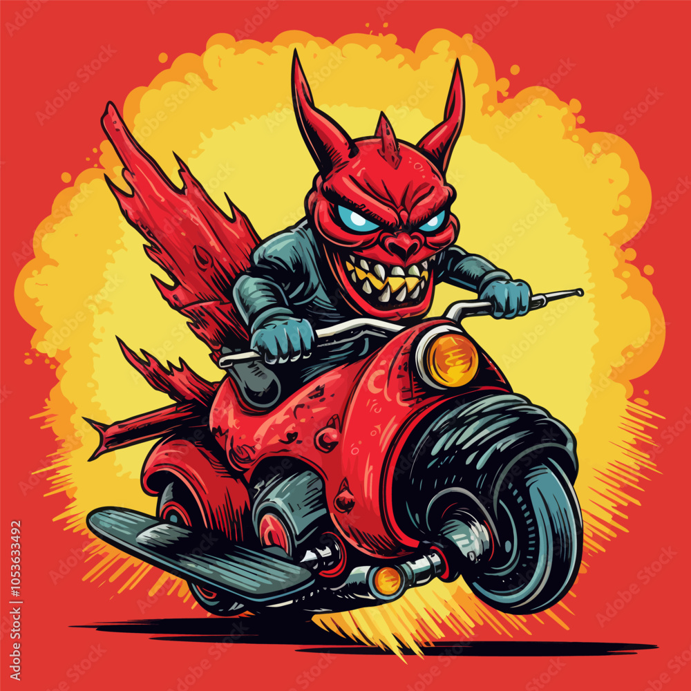 Vector illustration of a devilish creature on a fiery red motorcycle, capturing a rebellious, intense, and edgy look. Generative AI. Vector illustration of a devilish creature on a fiery red motorcycle, capturing a rebellious, intense, and edgy look. Generative AI.