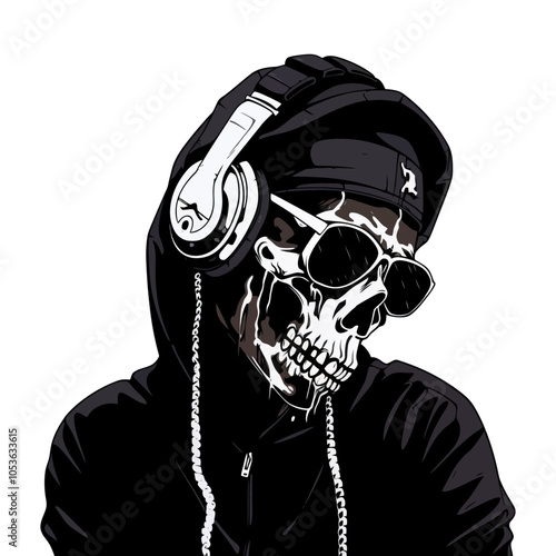 Vector art of a skeleton wearing headphones, a hoodie, and sunglasses, with a chill and modern vibe. Generative AI.