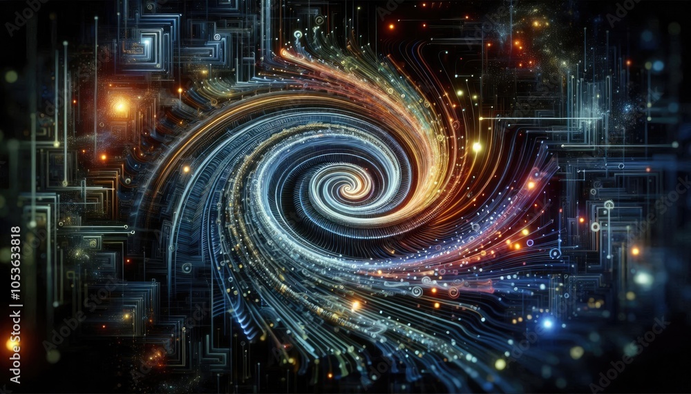 Swirling Digital Vortex of Deep Learning - AI Model Data Absorption and Neural Processing Concept, Abstract Futuristic AI Art, No People Swirling Digital Vortex of Deep Learning - AI Model Data Absorption and Neural Processing Concept, Abstract Futuristic AI Art, No People