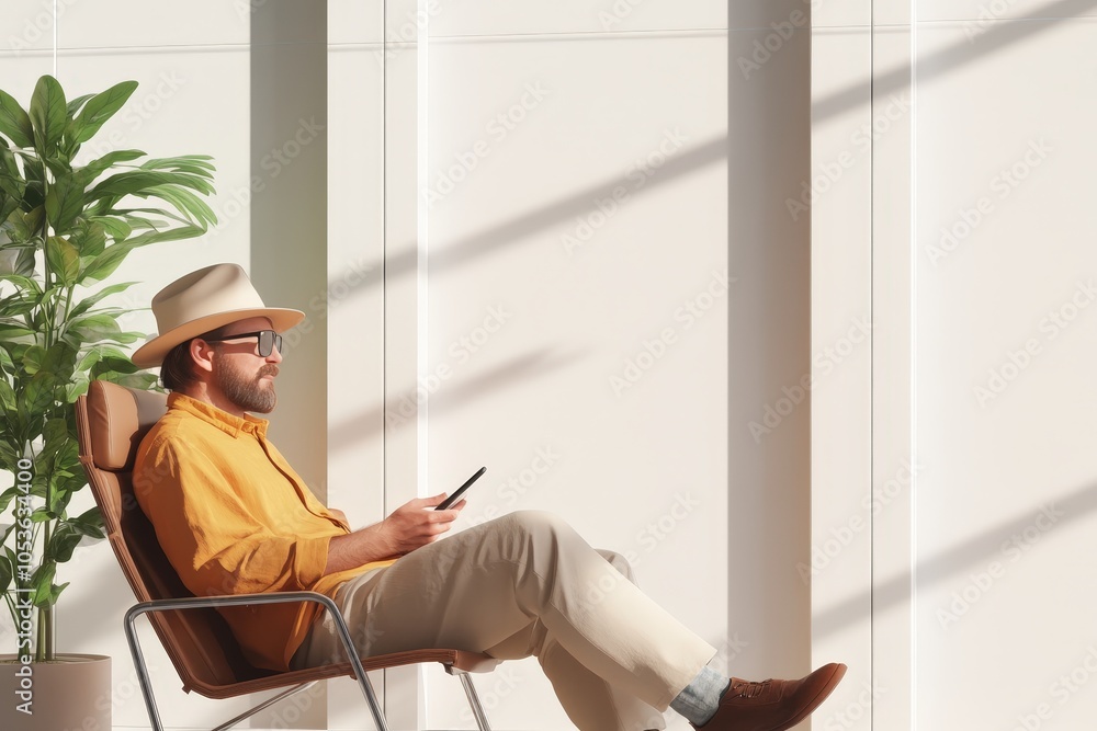 Relaxed man in stylish chair, enjoying sunny day. Serene moment captured in minimalist setting.