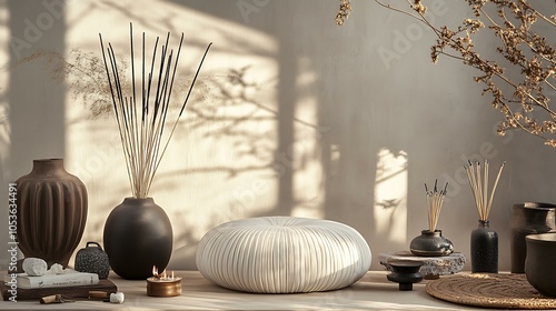 An elegant display of meditation accessories including a zafu cushion, a decorative bell, and incense, set against a backdrop of natural materials and soft light photo