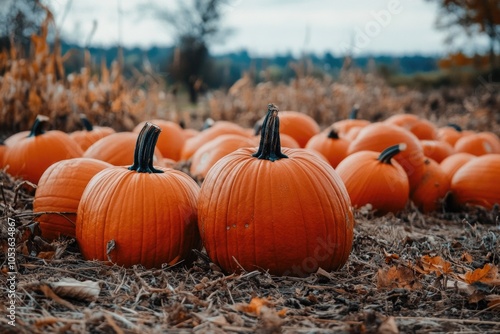 A bunch of pumpkins sitting on a green field, suitable for fall or harvest themed images photo