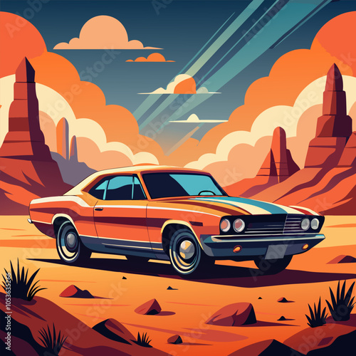 A classic muscle car drives through a desert landscape, with a vibrant sunset sky and rocky formations,  evoking a sense of freedom and adventure.