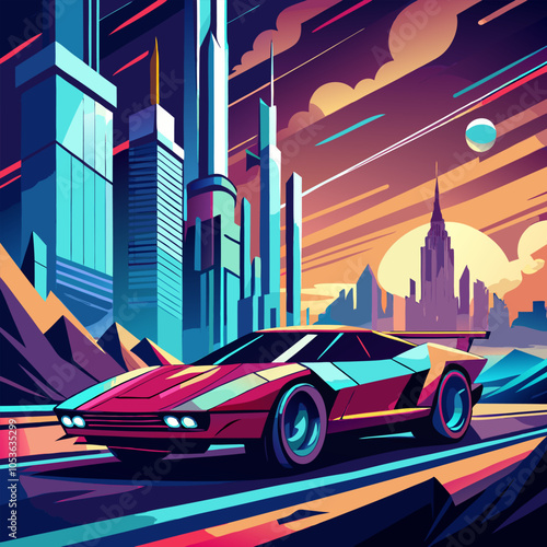 A vibrant, futuristic cityscape with a sleek sports car speeding down a road, showcasing a retro-futuristic aesthetic with bold colors and geometric shapes.