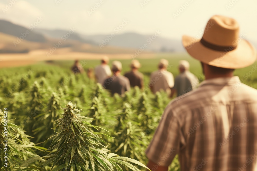 Farmers inspecting a lush hemp field, basking in the golden sunlight. A promising harvest! Farmers inspecting a lush hemp field, basking in the golden sunlight. A promising harvest!